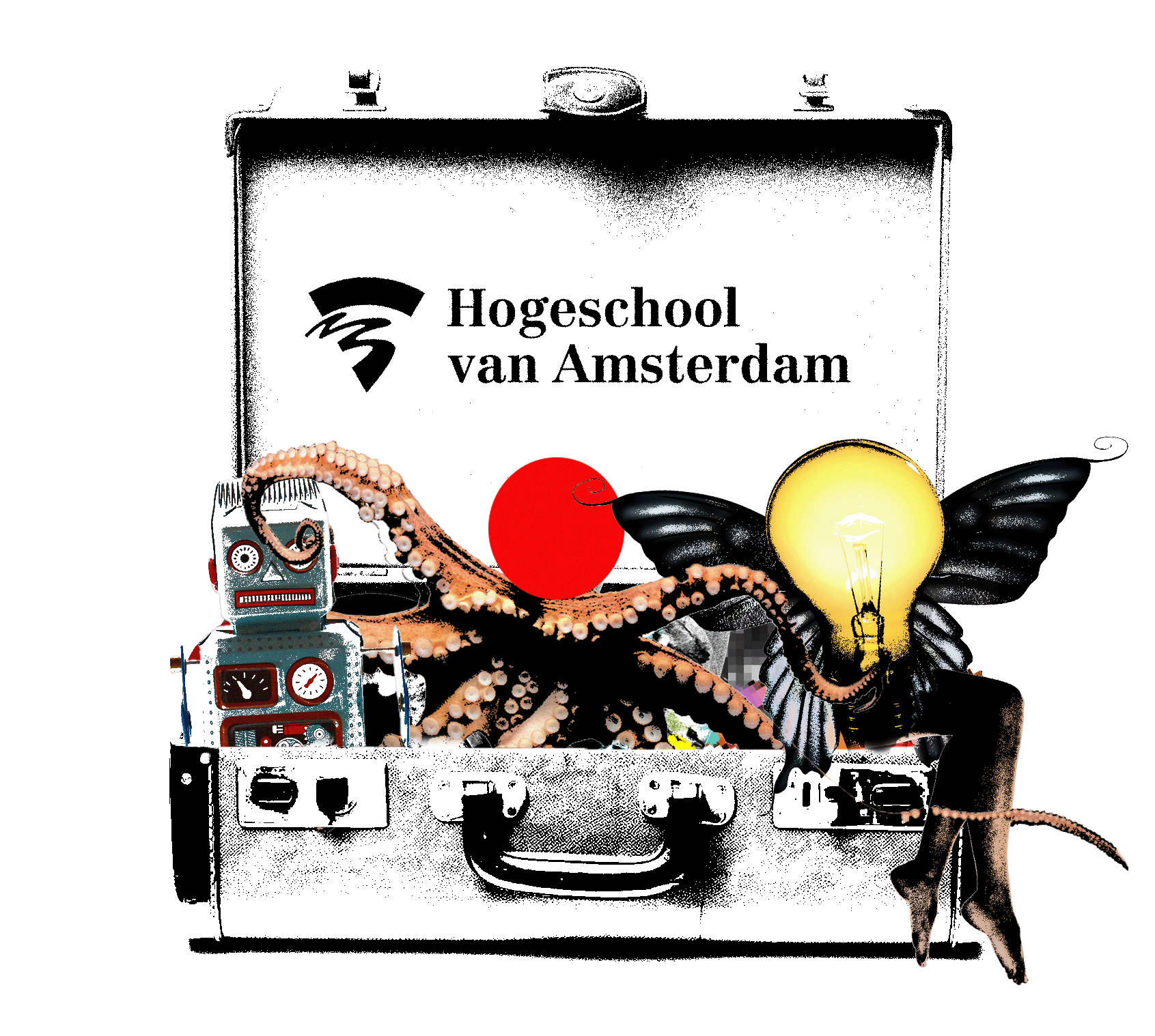 An icon of a university highlights — an open suitcase, written on it logo of Amsterdam University of Applied Sciences, filled with a surrealistic images: an octopus with a circle instead of head, a lamp with wings and legs, and a robot